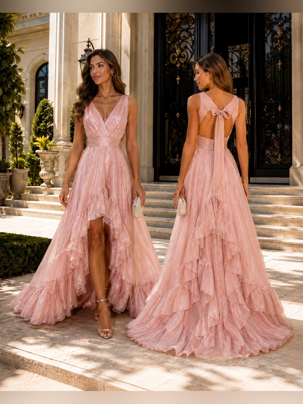 Mac Duggal 49526 Rose Gold Cut Out High Low Ruffle Gown Size 4 NWOT